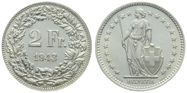 Preview: 2 Franken 1943 B - fast stempelglanz